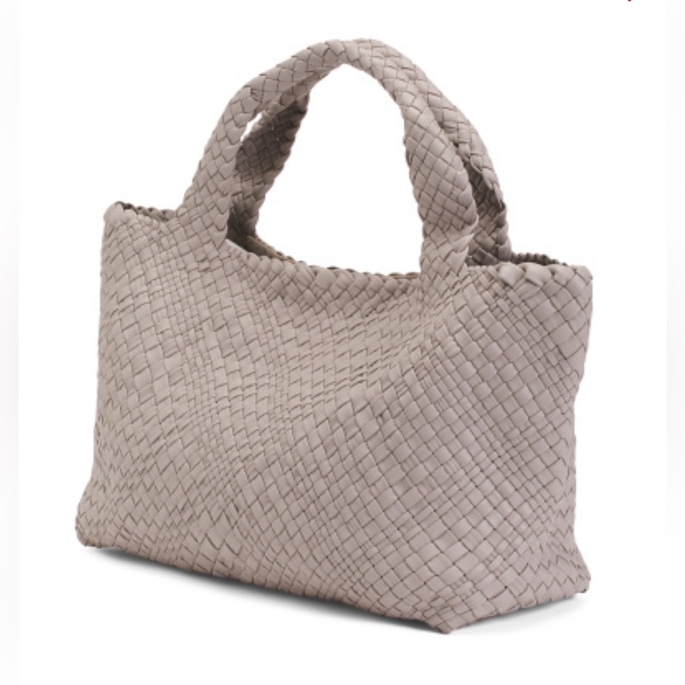 Falor Made in Italy Leather Woven Bag in Neutral Taupe Color.